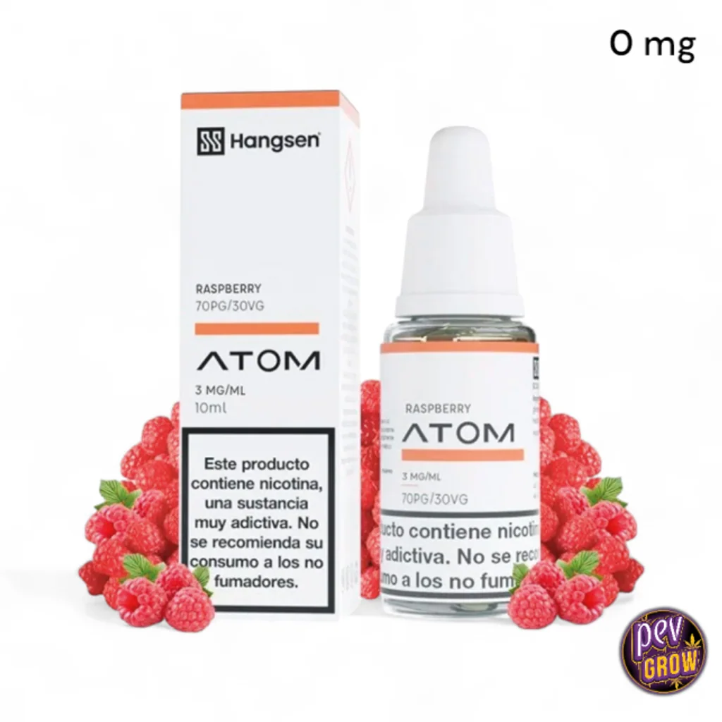 Frasco y caja de Hangsen Atom Raspberry rodeados de frambuesas; el rótulo superior indica 0 mg y los envases muestran 3 mg/ml.
