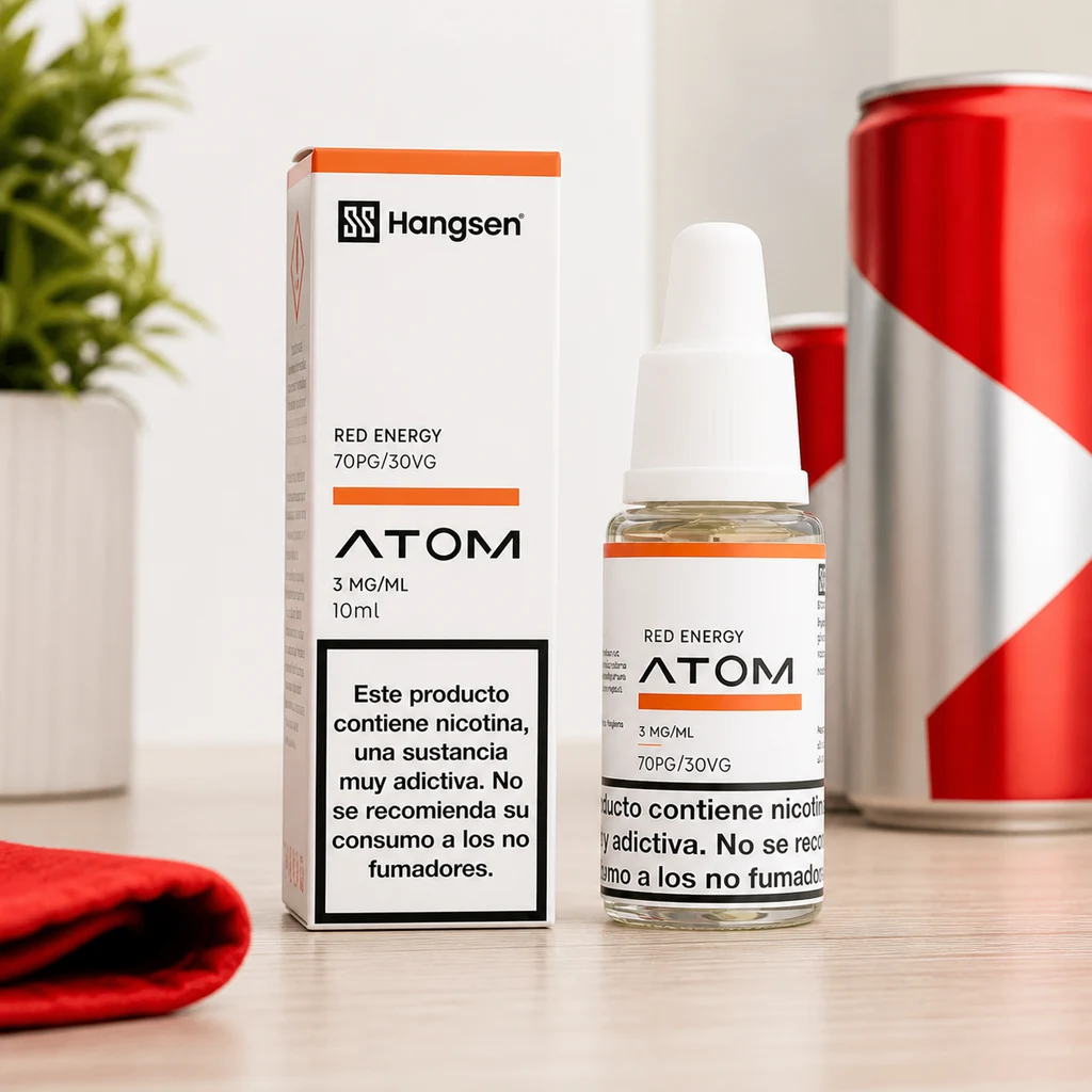 Frasco y caja de Hangsen Atom Red Energy con etiquetas de 3 mg/ml, sobre una mesa con latas rojas y plateadas al fondo.