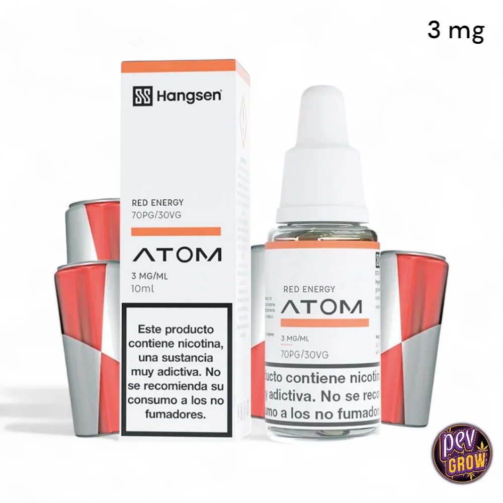 Frasco y caja de Hangsen Atom Red Energy con etiquetas de 3 mg/ml, 10 ml y 70PG/30VG, junto a latas rojas y plateadas.
