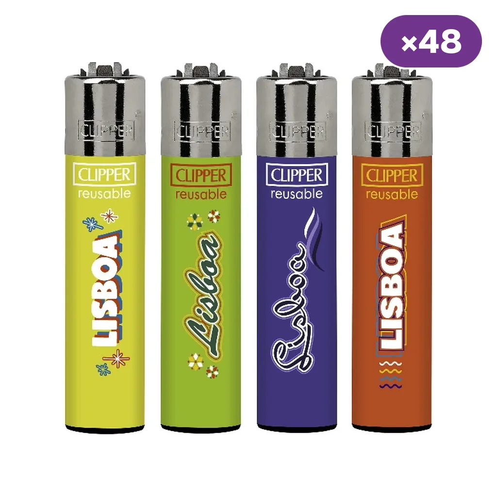 Selección de encendedores Clipper con distintos diseños Lisboa en amarillo, verde, morado y naranja, junto al distintivo de 48 unidades.