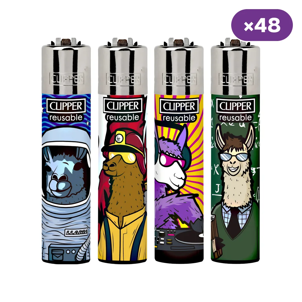 Encendedores Clipper Llama Work con llamas de dibujos animados caracterizadas con distintas profesiones e indicación de 48 unidades.