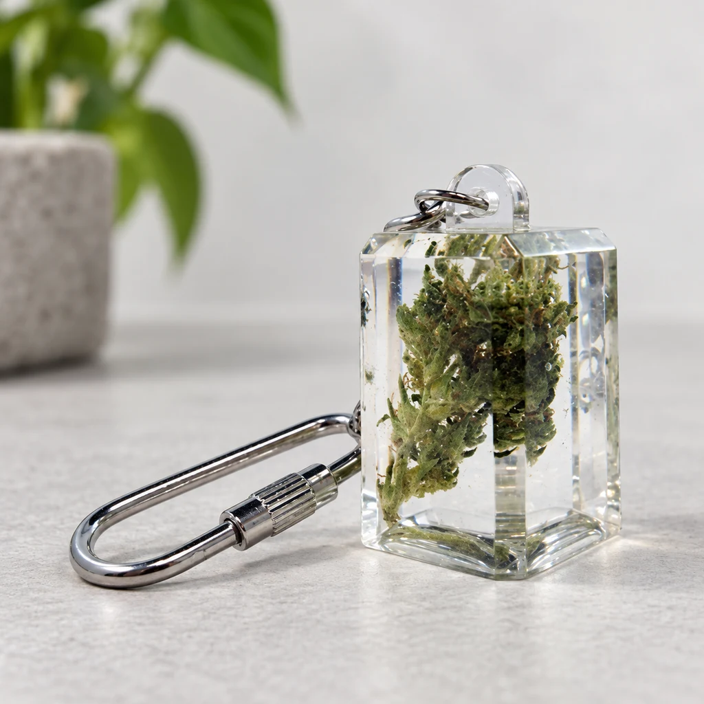 Llavero rectangular transparente con un cogollo de cannabis en su interior y mosquetón plateado, sobre una superficie gris. Llavero rectangular transparente con un cogollo de cannabis en su interior y mosquetón plateado, sobre una superficie gris.