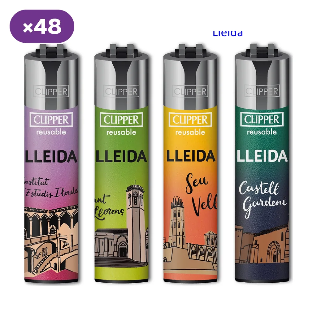 Selección de encendedores Clipper Lleida con fondos de colores e ilustraciones de monumentos, bajo un distintivo de 48 unidades.