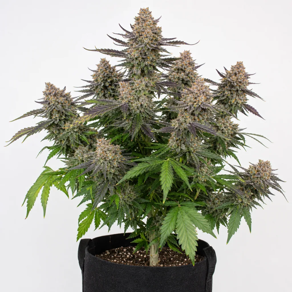 Llimonet Haze Ultra CBD Feminizada en maceta textil negra, con numerosos cogollos, hojas verdes y moradas y fondo blanco.