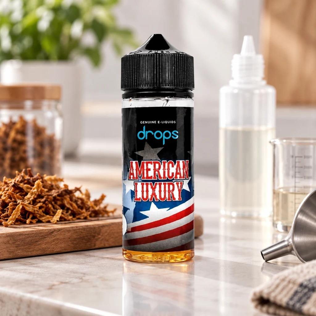 Botella de Drops American Luxury Longfill con motivos de la bandera estadounidense, junto a tabaco picado, un frasco y utensilios de mezcla.