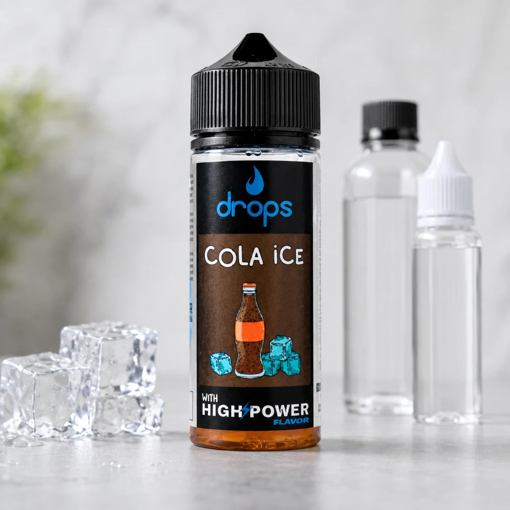 Bote Drops Cola Ice Longfill con tapón negro, junto a cubitos de hielo y frascos transparentes en una escena generada.