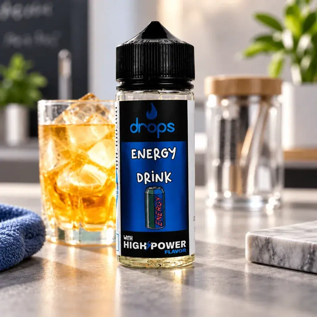 Escena generada del frasco Drops Energy Drink con tapón negro y etiqueta azul, junto a un vaso con hielo y bebida dorada.