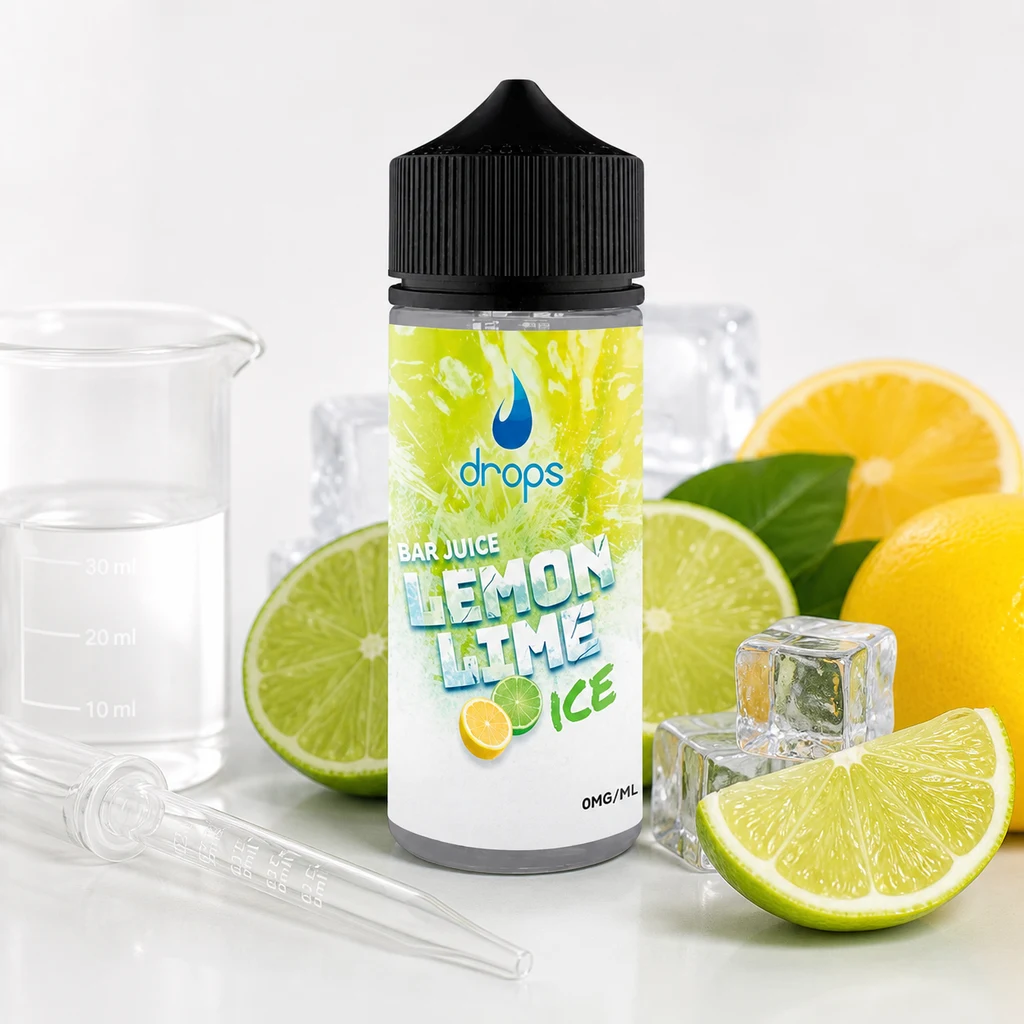 Frasco Drops Bar Juice Limón Lima Ice con tapón negro, entre limones, limas y cubitos de hielo, con pipeta y vaso graduado.