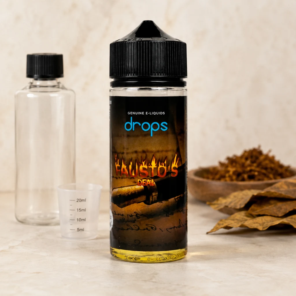 Bote Drops Faustos Deal con tapón negro, junto a una botella transparente, un vaso graduado y hojas secas en una escena de tonos beige. Bote Drops Faustos Deal con tapón negro, junto a una botella transparente, un vaso graduado y hojas secas en una escena de tonos beige.