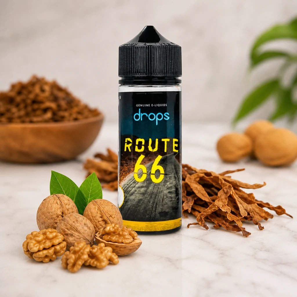 Bote Drops Route 66 con tapón negro y etiqueta de carretera, rodeado de nueces y hojas secas marrones sobre una superficie clara.