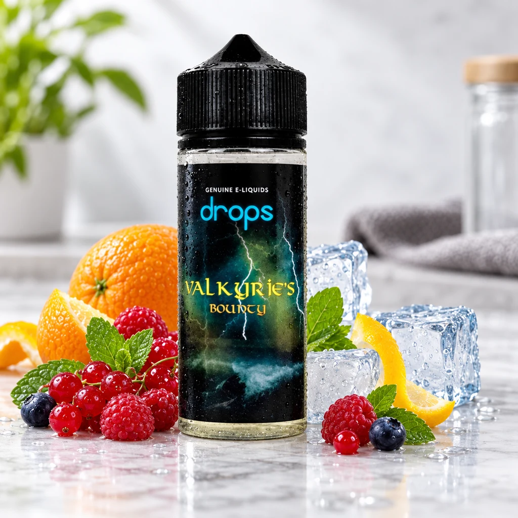 Bote de Drops Valkyries Bounty con tapón negro, rodeado de cítricos, frutos rojos, hojas verdes y cubitos de hielo.