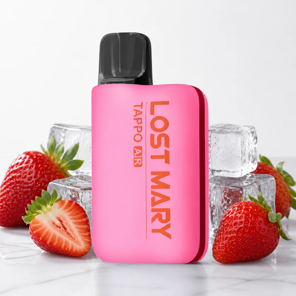 Lost Mary Tappo Air rosa con boquilla negra y letras naranjas, rodeado de fresas enteras y cortadas y cubitos de hielo.