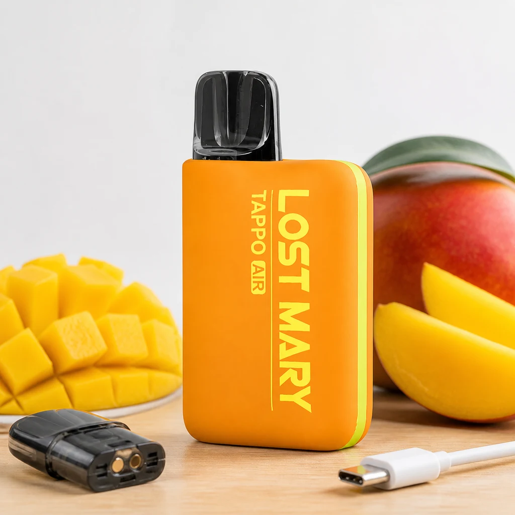 Escena generada de un Lost Mary Tappo Air naranja con boquilla negra, junto a un pod, un cable USB-C y mangos enteros y cortados.