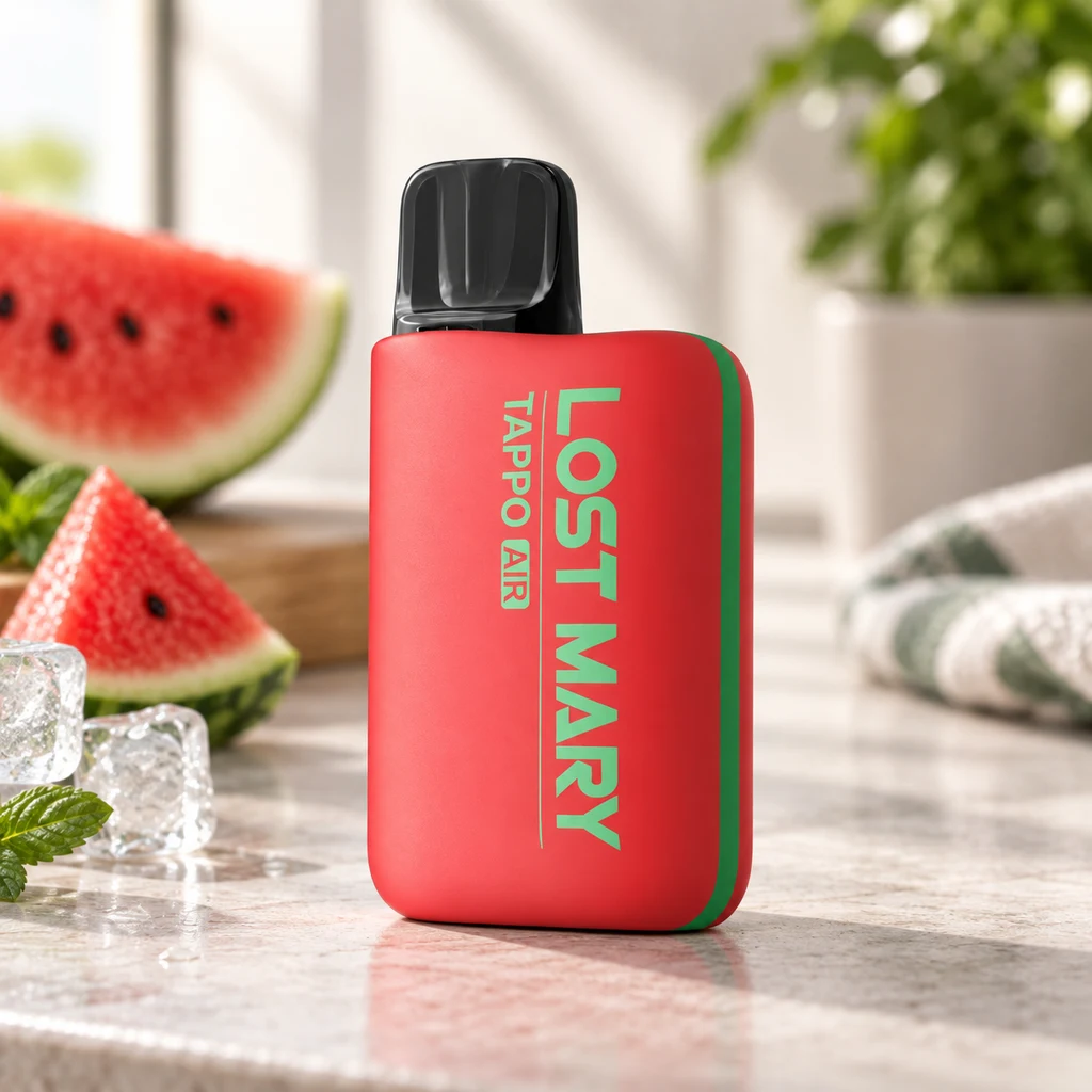 Lost Mary Tappo Air rojo con borde verde y boquilla negra sobre una encimera, rodeado de sandía, hielo y hojas verdes en una escena generada.