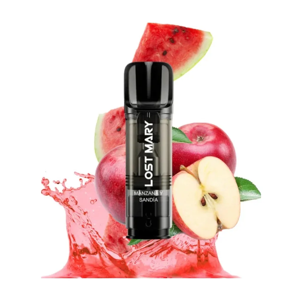 Dispositivo Lost Mary con boquilla negra y texto «Manzana y sandía», rodeado de manzanas, trozos de sandía y una salpicadura rosa.