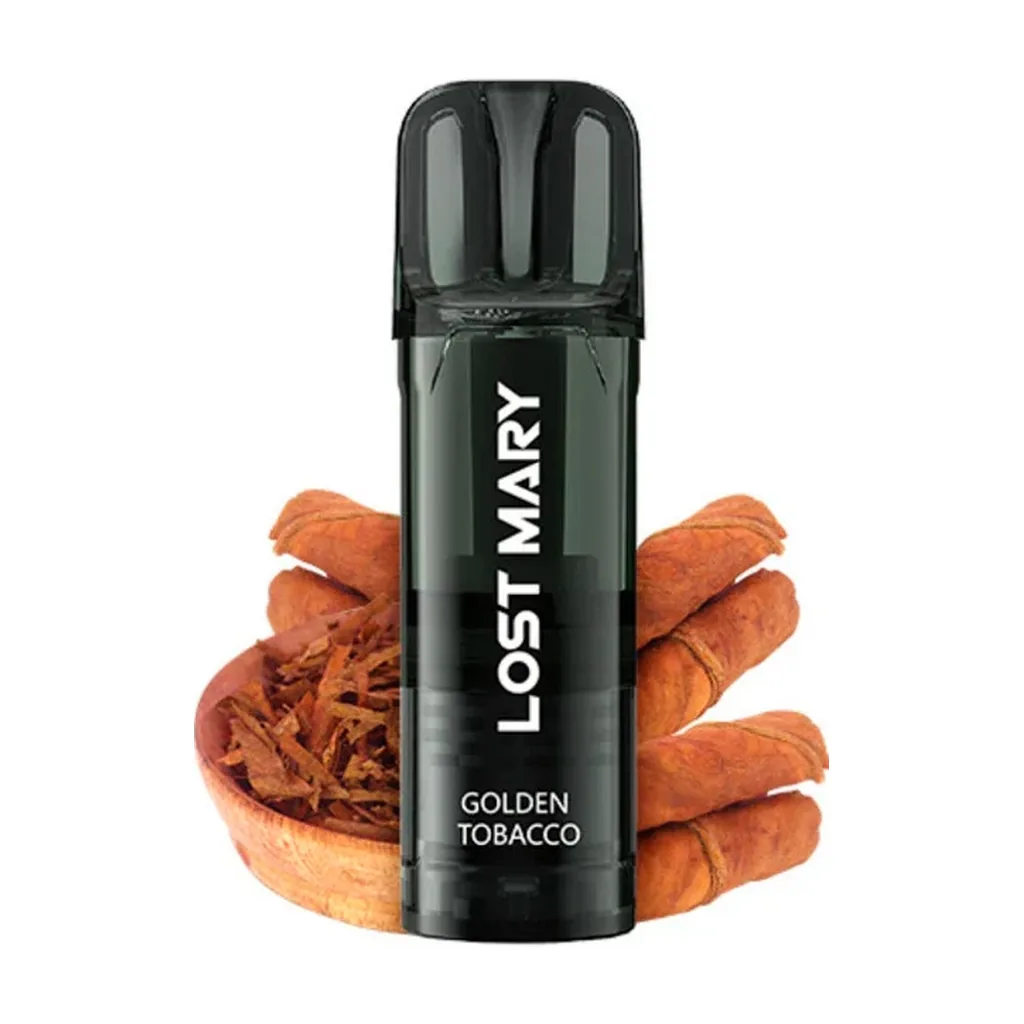 Lost Mary Golden Tobacco negro con boquilla translúcida, delante de hojas de tabaco enrolladas y un cuenco con tabaco picado.