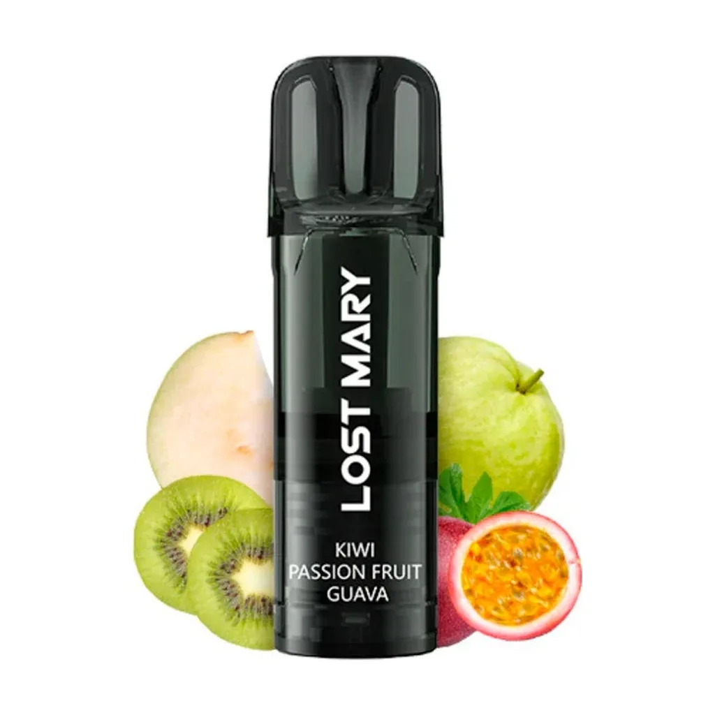Dispositivo negro Lost Mary con el texto Kiwi Passion Fruit Guava, rodeado de kiwi cortado, guayaba y maracuyá sobre fondo blanco.