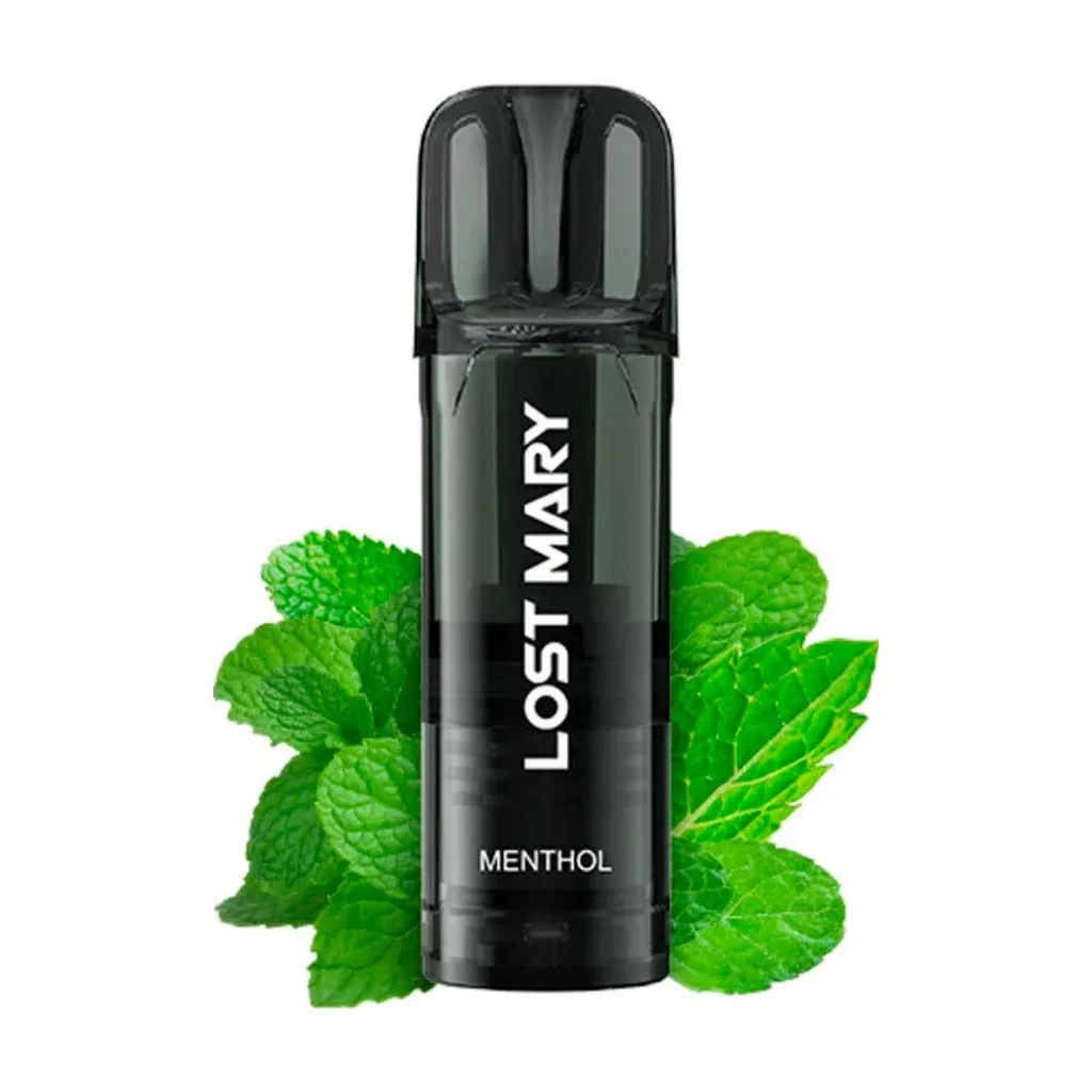Vapeador Lost Mary negro con boquilla oscura translúcida e inscripción Menthol, situado delante de varias hojas verdes de menta.