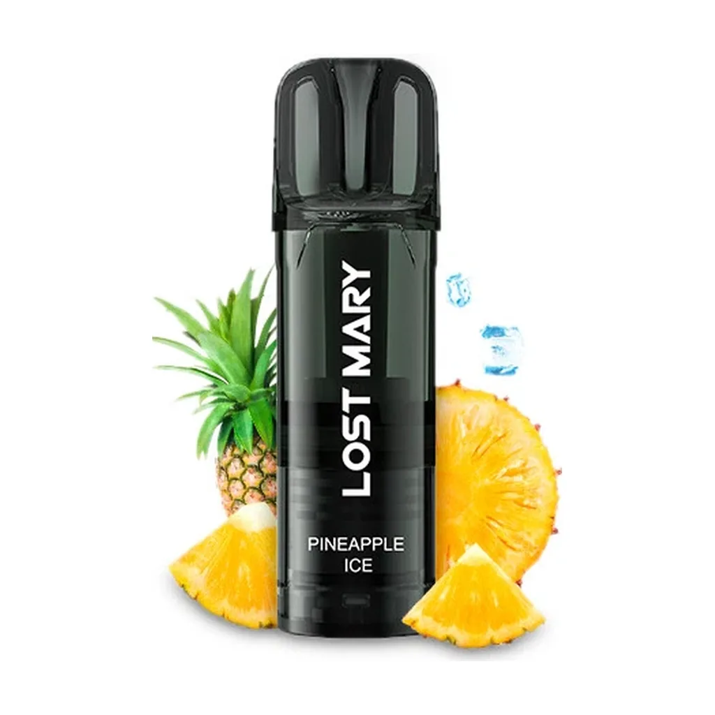 Vapeador Lost Mary Pineapple Ice negro, con boquilla oscura y texto blanco, rodeado de piña cortada y pequeños cubitos de hielo.