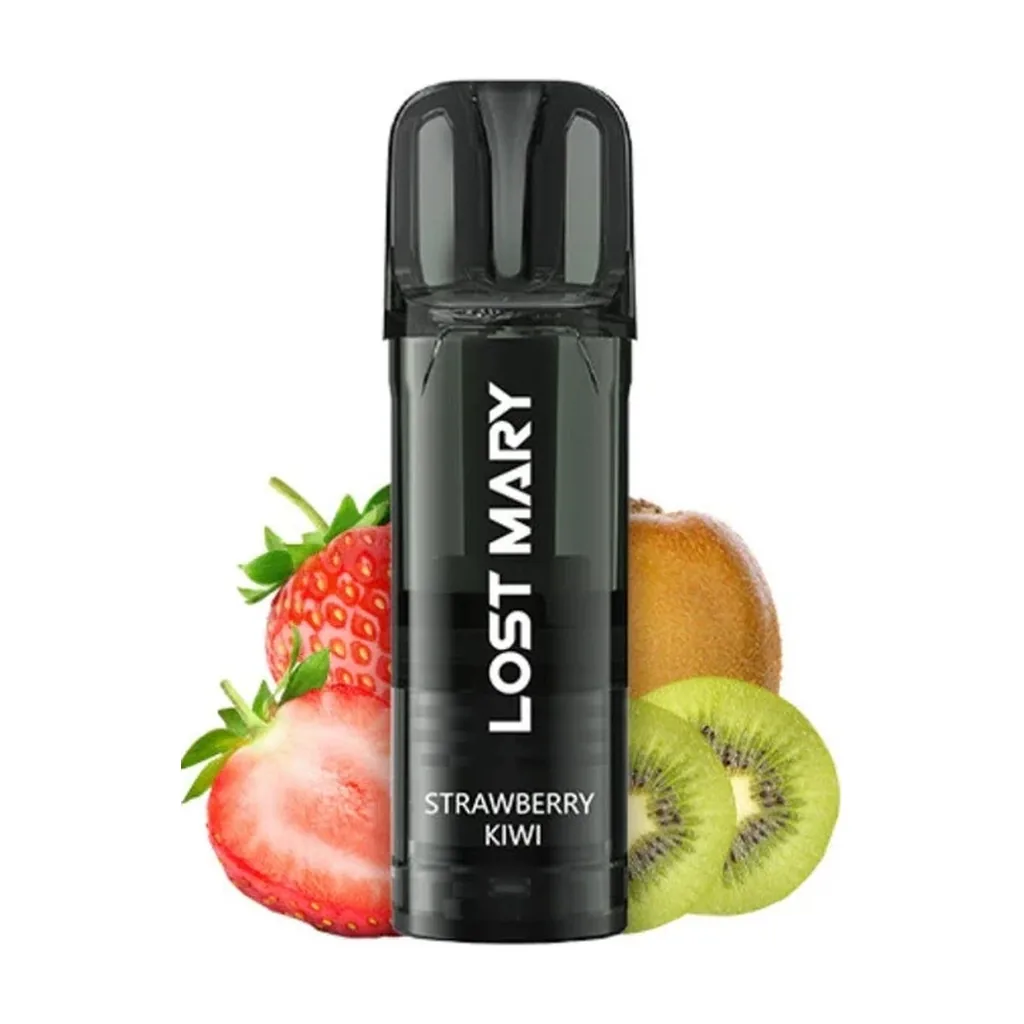 Lost Mary Strawberry Kiwi negro, visto de frente, con boquilla oscura translúcida y fresas y kiwis alrededor.