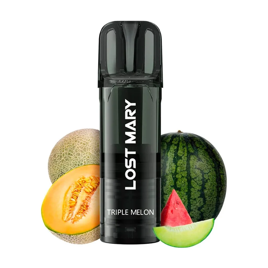 Dispositivo Lost Mary Triple Melon oscuro con boquilla translúcida, junto a un melón cortado y una sandía con una porción delante.