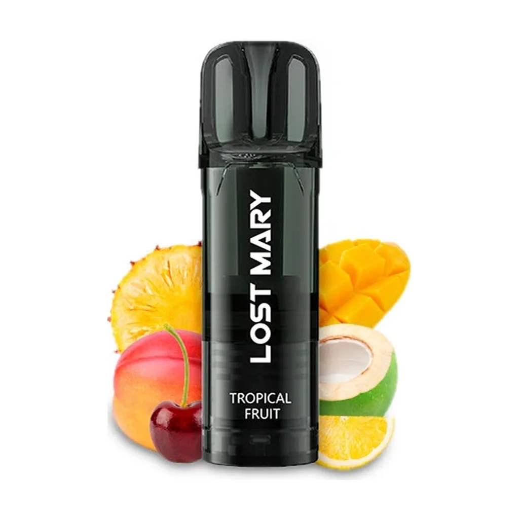 Dispositivo negro Lost Mary con inscripción Tropical Fruit, rodeado de piña, mango, coco, una cereza y un gajo de cítrico.