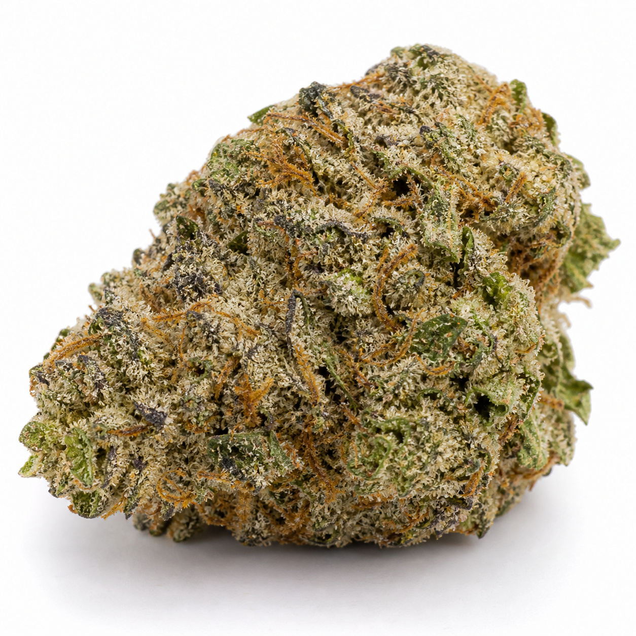 Cogollo de Lowryder Auto de Vision Seeds en primer plano, con tonos verdes y oscuros, pistilos anaranjados y abundante cobertura blanquecina.