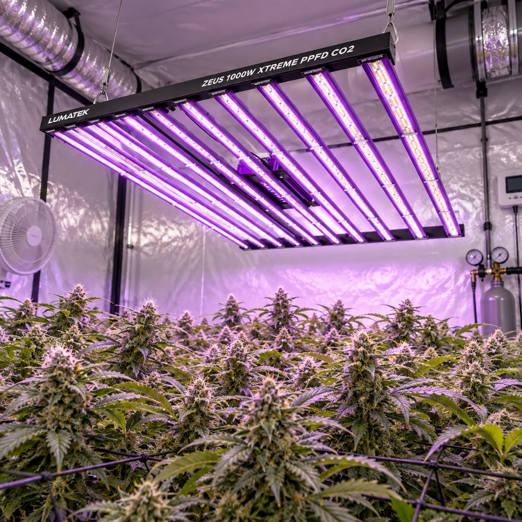 Lumatek Zeus 1000W LED Xtreme PPFD CO2 suspendido sobre plantas en floración, con barras luminosas violetas en un recinto reflectante.