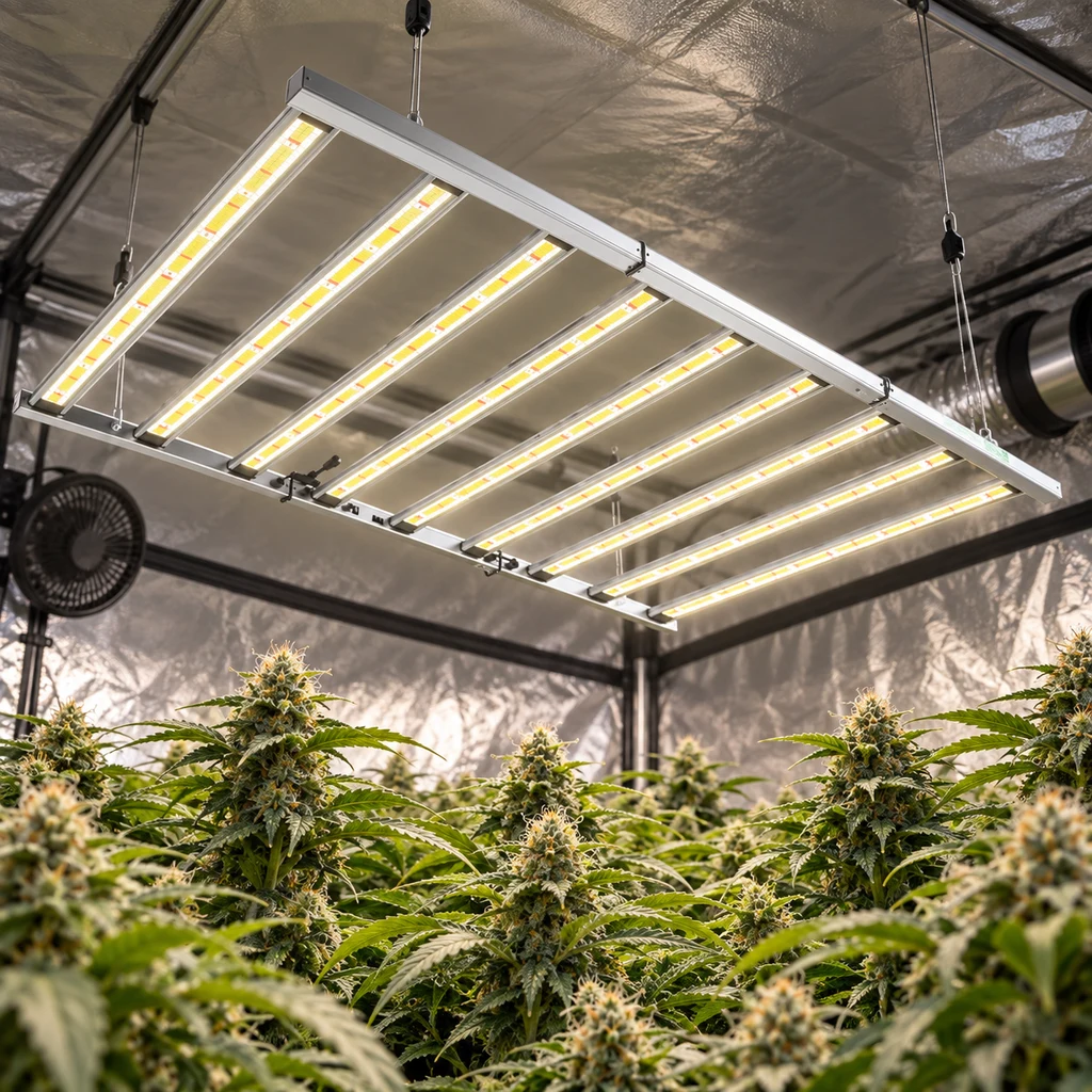 Luminaria LED Lazerlite Pro de barras, suspendida sobre plantas de cannabis en floración dentro de un armario reflectante.