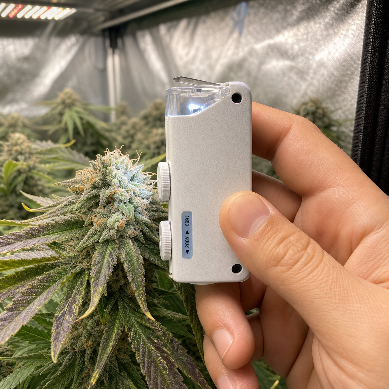 Una mano sostiene una lupa microscopio LED blanca de 160x-200x junto a un cogollo de cannabis, con la luz encendida y dos ruedas laterales.