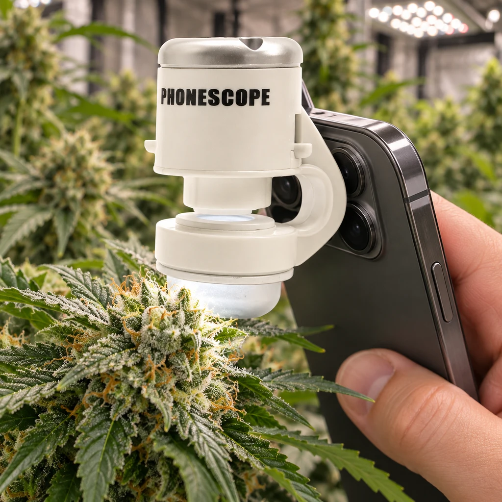 Lupa Phonescope blanca acoplada a un smartphone sostenido con una mano, con el objetivo iluminado sobre un cogollo de cannabis.