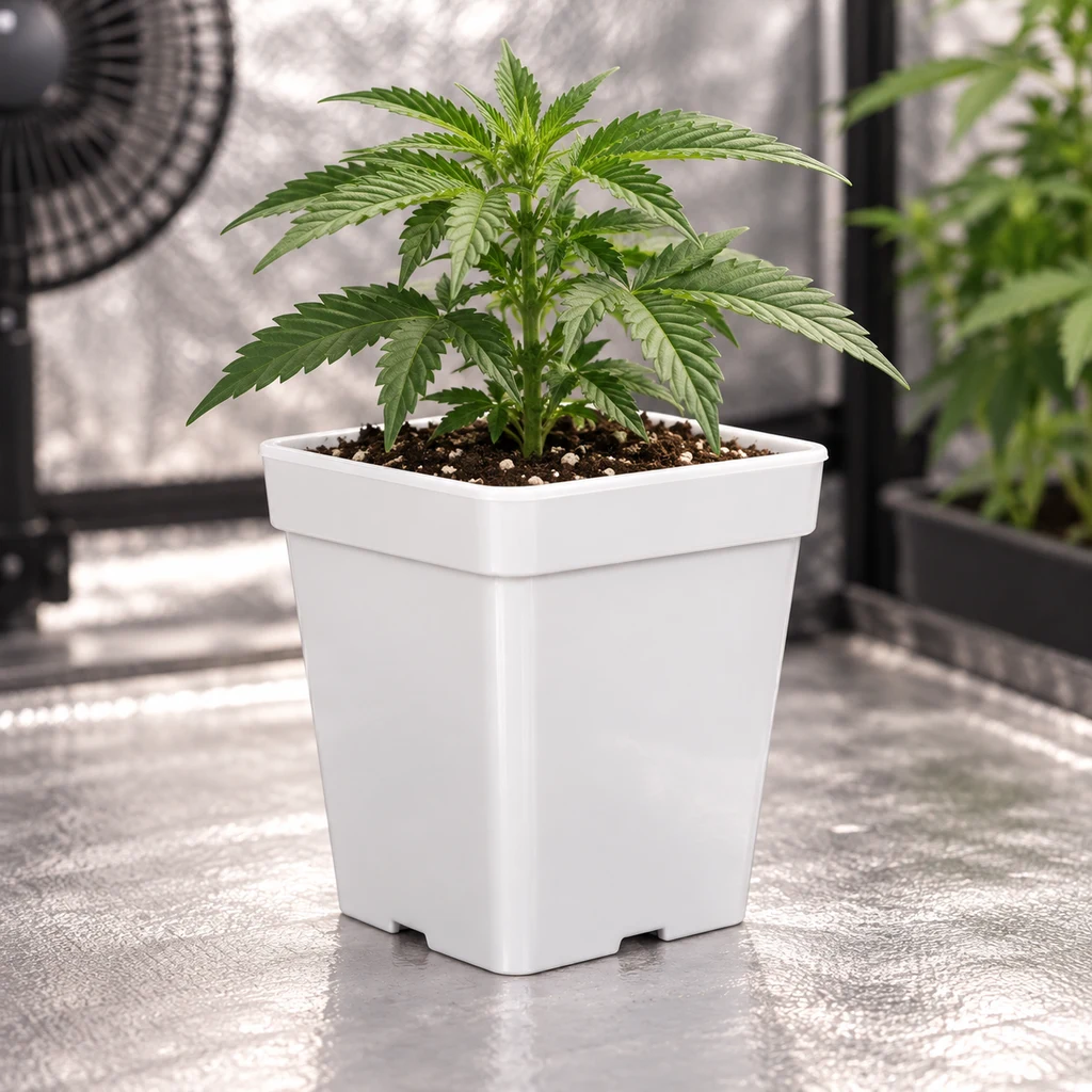 Maceta cuadrada blanca con borde ancho y base con muescas, con una planta de cannabis sobre el suelo reflectante de un armario de cultivo. Maceta cuadrada blanca con borde ancho y base con muescas, con una planta de cannabis sobre el suelo reflectante de un armario de cultivo.