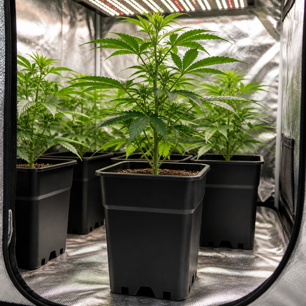 Escena generada de macetas cuadradas negras con plantas de cannabis dentro de un armario reflectante, bajo un panel de luces LED. Escena generada de macetas cuadradas negras con plantas de cannabis dentro de un armario reflectante, bajo un panel de luces LED.