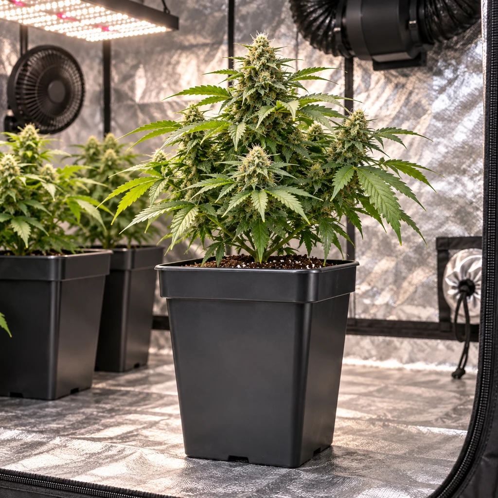 Maceta cuadrada negra con una planta de cannabis en floración, en primer plano dentro de un armario reflectante con luces y ventiladores. Maceta cuadrada negra con una planta de cannabis en floración, en primer plano dentro de un armario reflectante con luces y ventiladores.