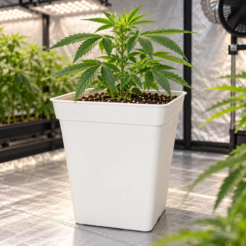 Maceta cuadrada blanca con una planta de cannabis en sustrato, dentro de un espacio de cultivo con paredes reflectantes y luces LED. Maceta cuadrada blanca con una planta de cannabis en sustrato, dentro de un espacio de cultivo con paredes reflectantes y luces LED.