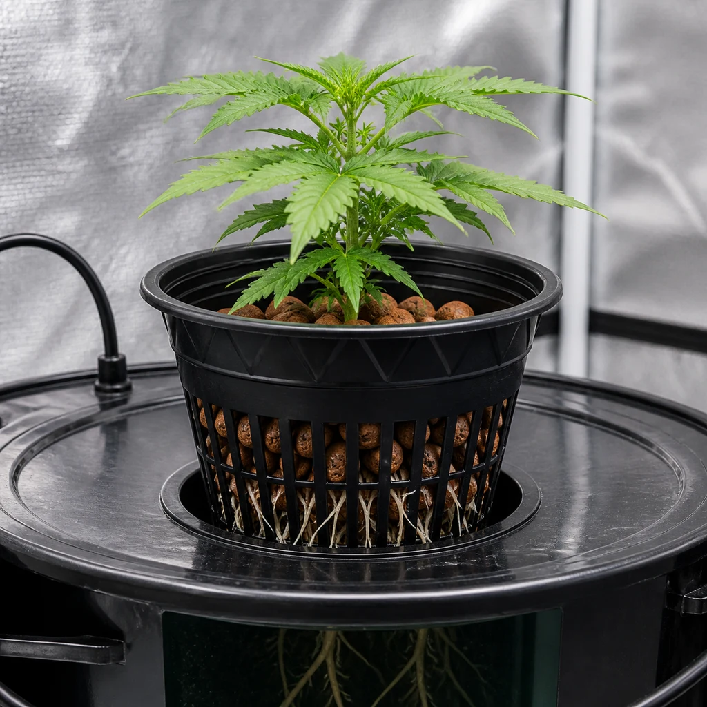 Escena generada de una planta en maceta de malla con bolas de arcilla y raíces visibles sobre un depósito negro, en un recinto reflectante. Escena generada de una planta en maceta de malla con bolas de arcilla y raíces visibles sobre un depósito negro, en un recinto reflectante.
