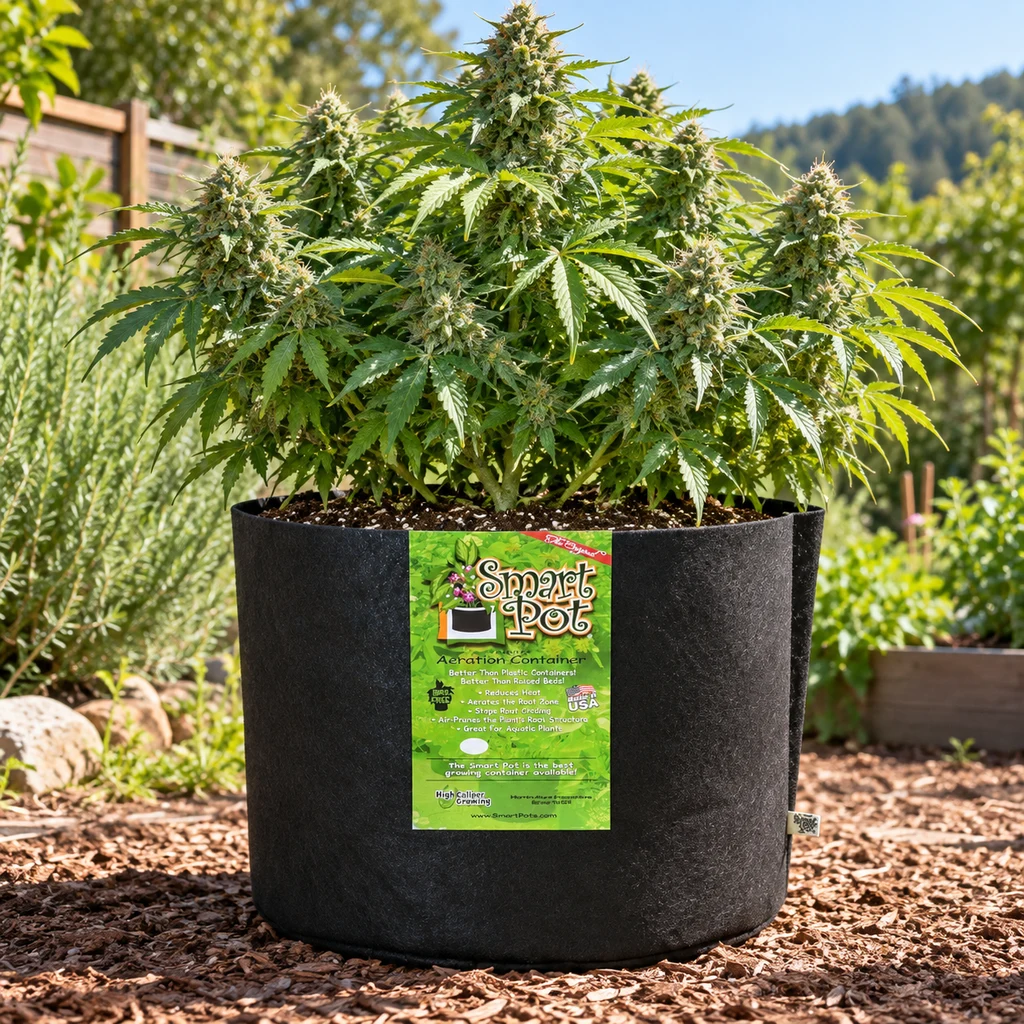 Escena generada de una maceta negra de tela Smart Pot con una planta de cannabis en floración, situada en un jardín soleado. Escena generada de una maceta negra de tela Smart Pot con una planta de cannabis en floración, situada en un jardín soleado.