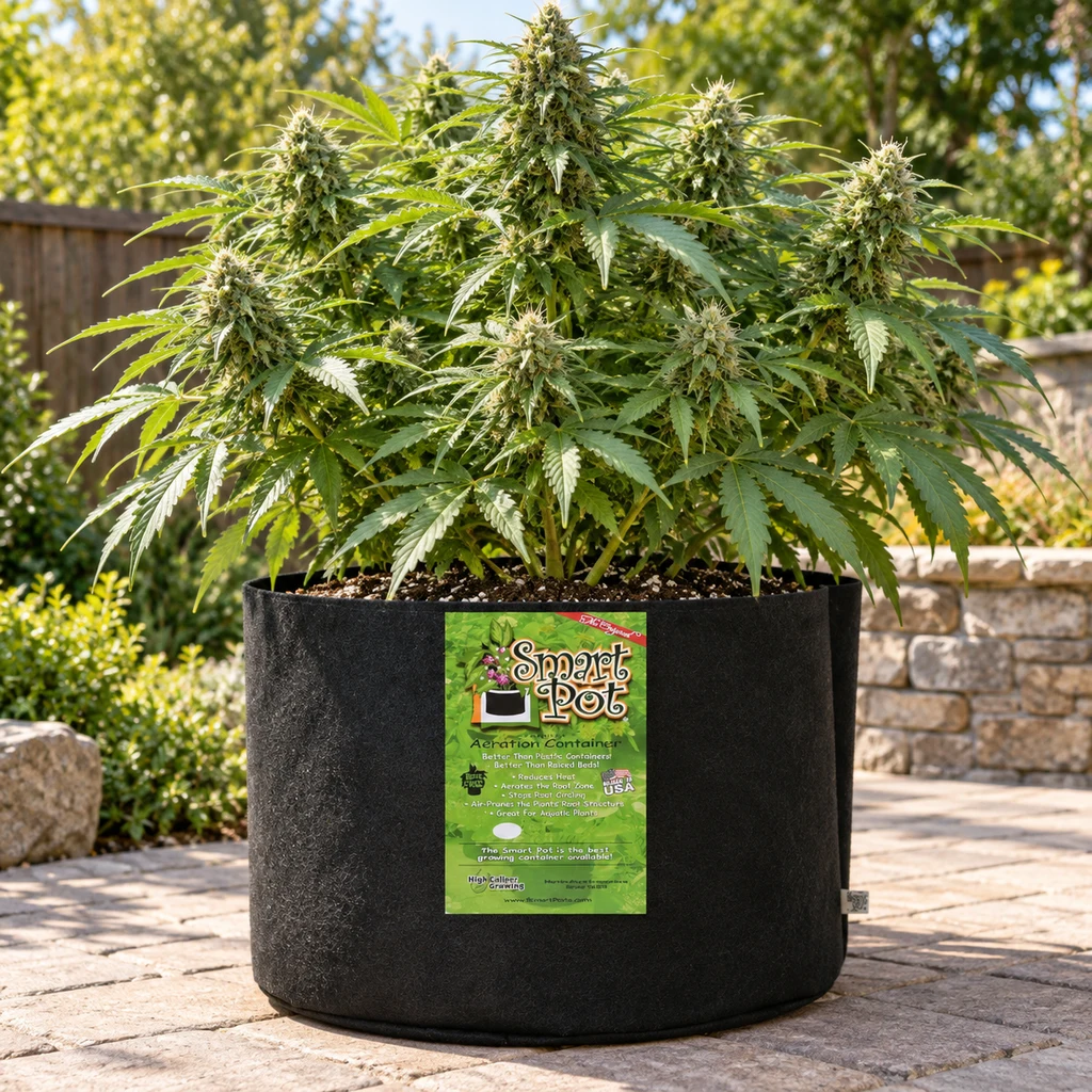 Escena generada de una maceta negra Smart Pot con etiqueta verde y una planta de cannabis con flores, sobre un patio exterior. Escena generada de una maceta negra Smart Pot con etiqueta verde y una planta de cannabis con flores, sobre un patio exterior.