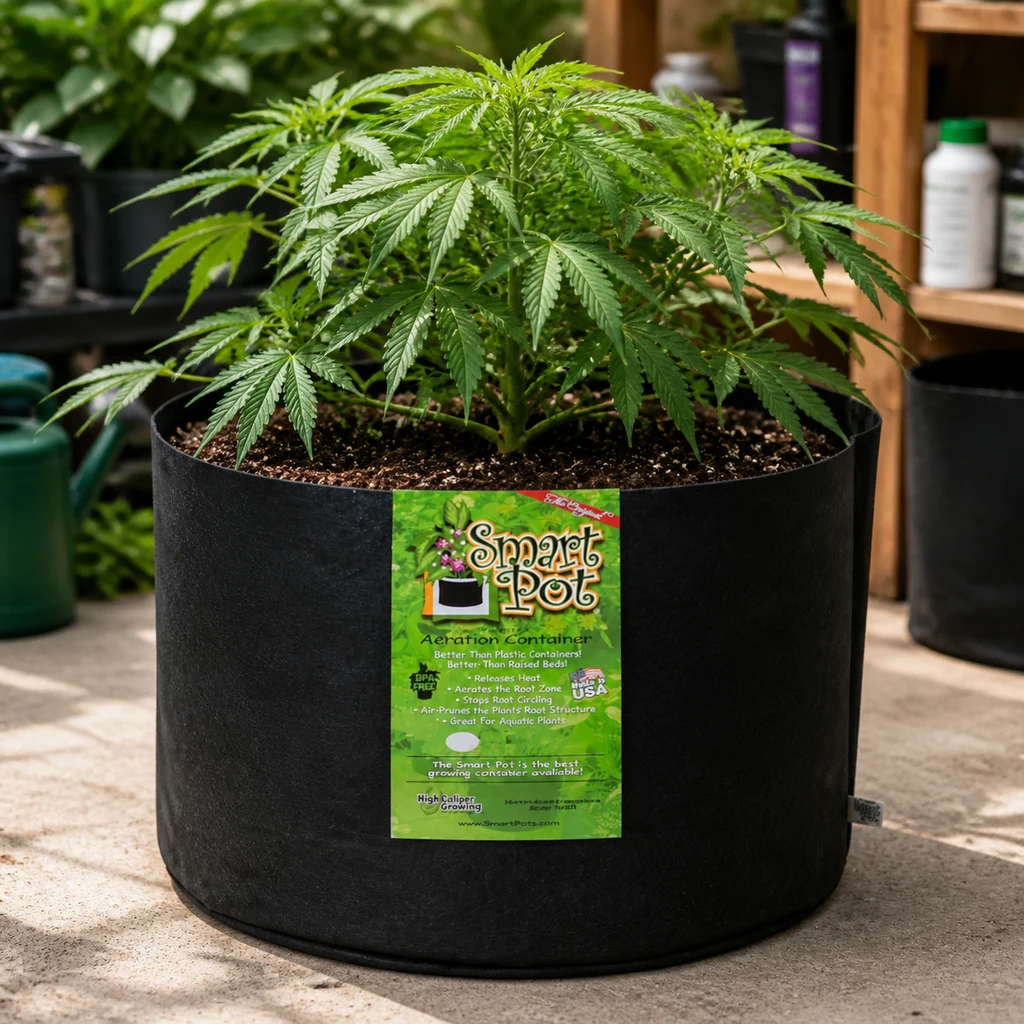 Maceta de tela negra Smart Pot con etiqueta verde, llena de sustrato y con una planta de cannabis en una escena de cultivo. Maceta de tela negra Smart Pot con etiqueta verde, llena de sustrato y con una planta de cannabis en una escena de cultivo.