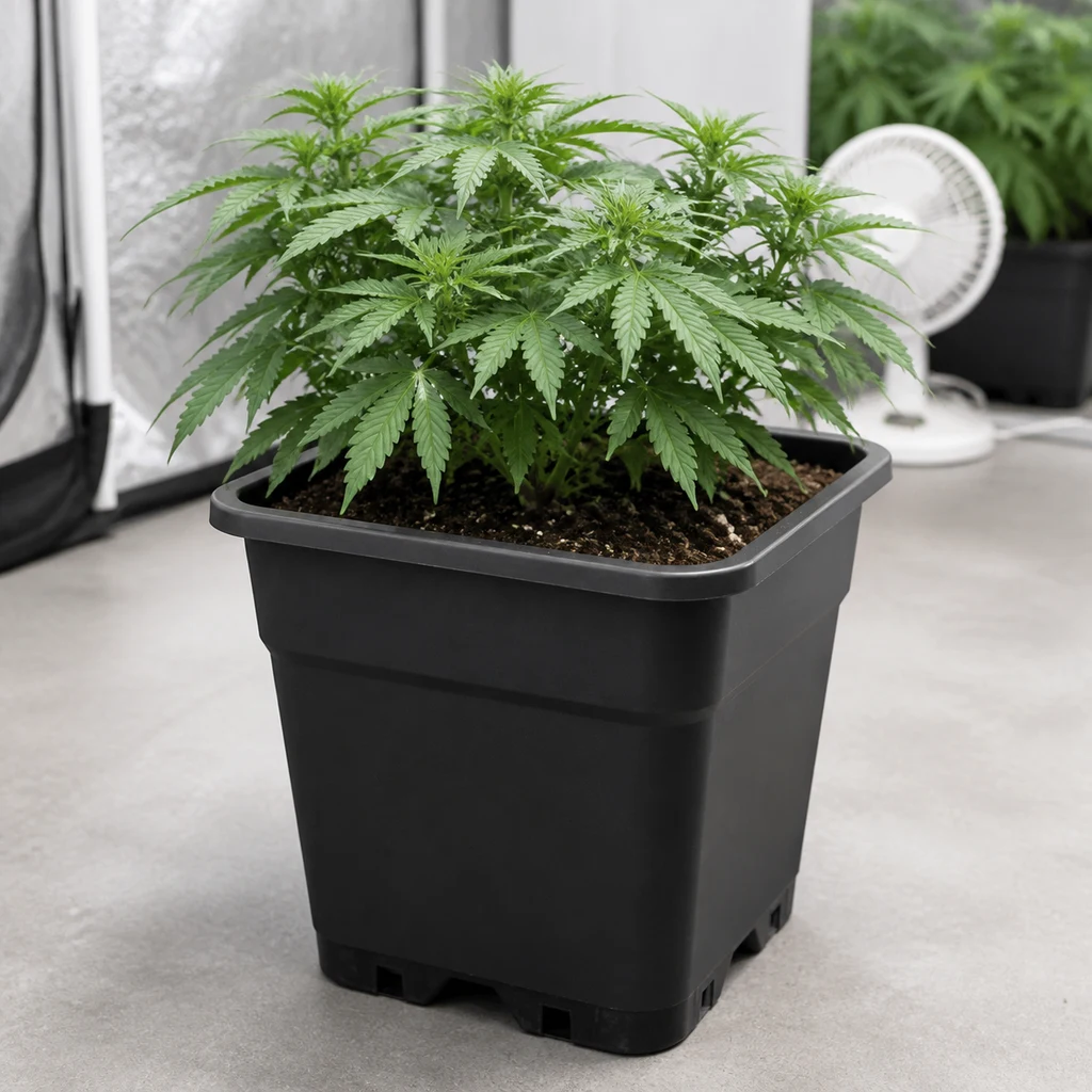 Maceta Especial para Autoflorecientes 2.0 negra y cuadrada, con sustrato y una planta de cannabis en un espacio de cultivo interior. Maceta Especial para Autoflorecientes 2.0 negra y cuadrada, con sustrato y una planta de cannabis en un espacio de cultivo interior.