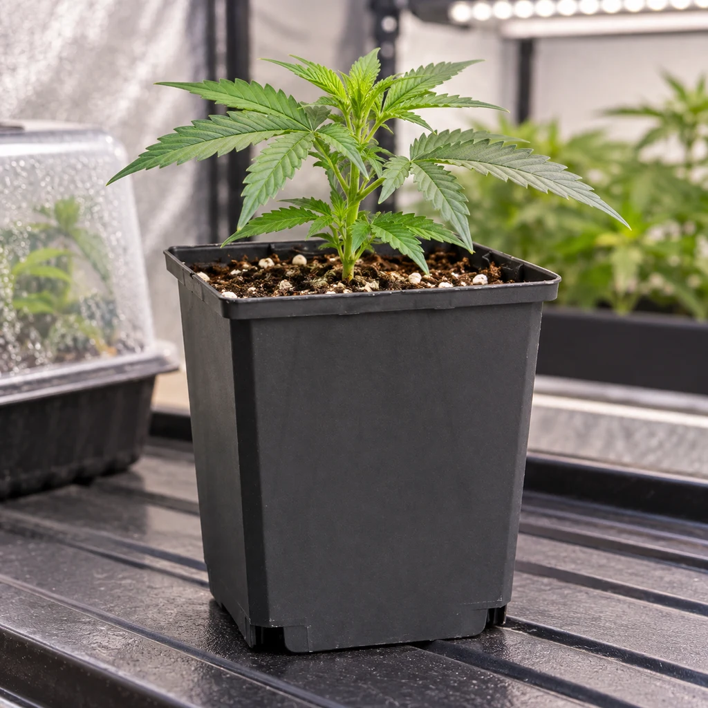 Maceta cuadrada negra con una planta joven de cannabis y sustrato con perlita, sobre una bandeja en un espacio de cultivo interior. Maceta cuadrada negra con una planta joven de cannabis y sustrato con perlita, sobre una bandeja en un espacio de cultivo interior.