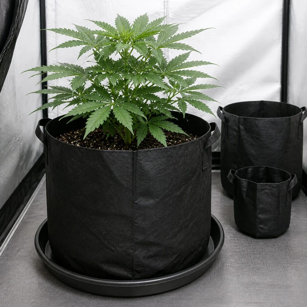 Maceta de geotextil negra con asas, sustrato y una planta de cannabis sobre un plato, junto a otras macetas vacías.