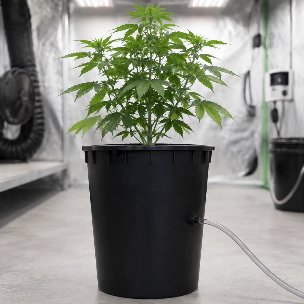 Escena generada de una maceta negra con una planta de cannabis y un tubo transparente conectado al lateral, en un cultivo interior. Escena generada de una maceta negra con una planta de cannabis y un tubo transparente conectado al lateral, en un cultivo interior.