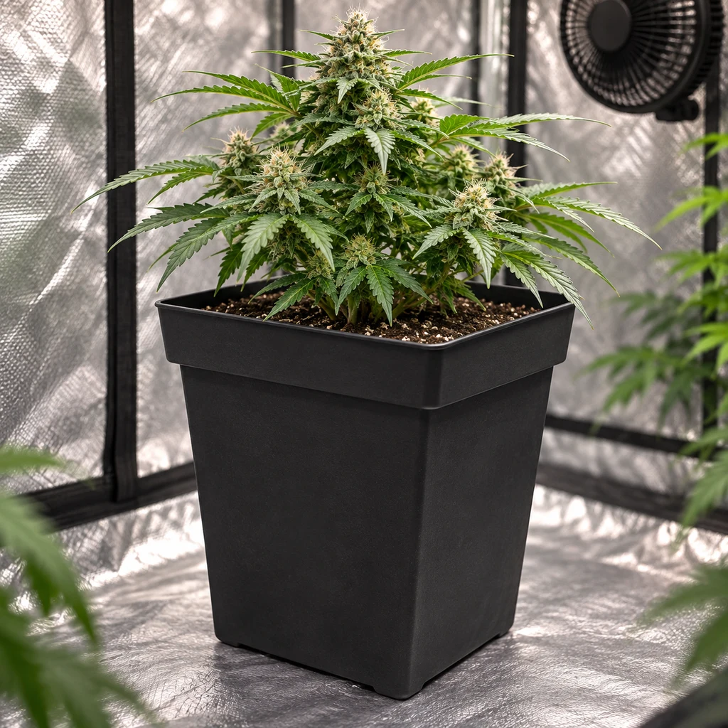 Maceta cuadrada negra con una planta de cannabis en floración, dentro de un armario reflectante con un ventilador al fondo. Maceta cuadrada negra con una planta de cannabis en floración, dentro de un armario reflectante con un ventilador al fondo.
