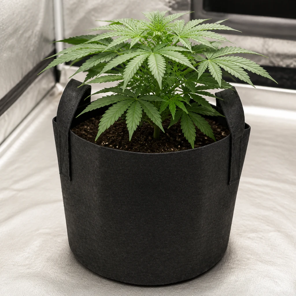 Maceta de tela negra con dos asas, llena de sustrato y con una planta de cannabis, dentro de un espacio de paredes reflectantes. Maceta de tela negra con dos asas, llena de sustrato y con una planta de cannabis, dentro de un espacio de paredes reflectantes.