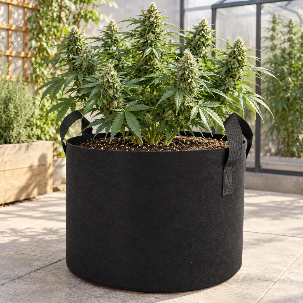 Maceta de tela negra con asas, llena de sustrato y con una planta de cannabis en floración, en una escena de terraza junto a un invernadero. Maceta de tela negra con asas, llena de sustrato y con una planta de cannabis en floración, en una escena de terraza junto a un invernadero.