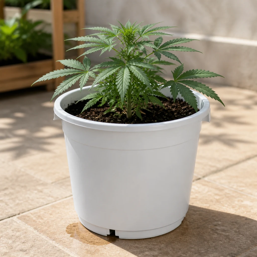 Escena generada de una maceta redonda blanca con tierra y una planta de cannabis sobre un suelo de baldosas al sol. Escena generada de una maceta redonda blanca con tierra y una planta de cannabis sobre un suelo de baldosas al sol.