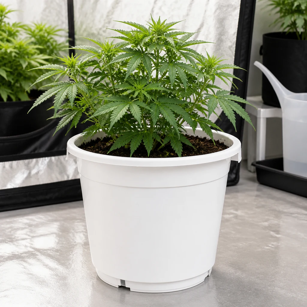Escena generada de una maceta redonda blanca con una planta de cannabis en un espacio de cultivo interior con paredes reflectantes. Escena generada de una maceta redonda blanca con una planta de cannabis en un espacio de cultivo interior con paredes reflectantes.