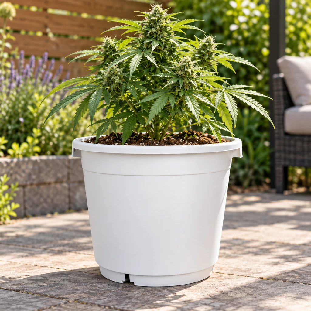 Maceta redonda blanca con una planta de cannabis en flor sobre un suelo de piedra, en una escena de jardín generada. Maceta redonda blanca con una planta de cannabis en flor sobre un suelo de piedra, en una escena de jardín generada.
