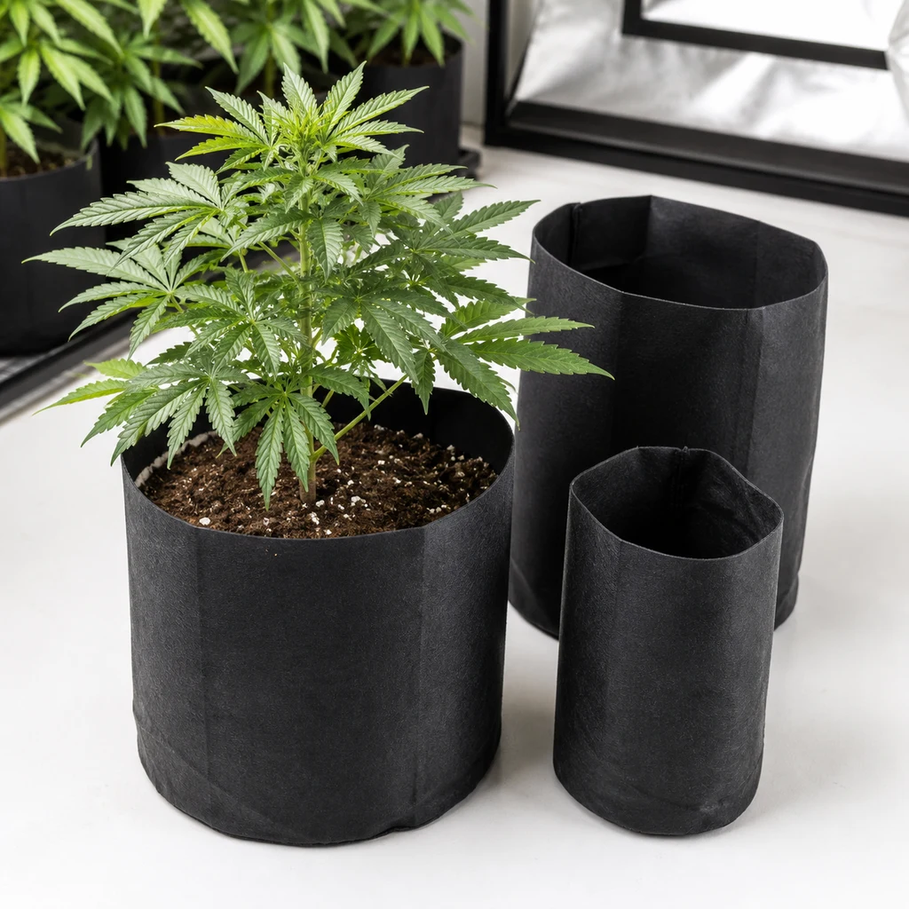 Macetas Root Tex Pot negras de distintos tamaños, una con una planta de cannabis y sustrato y otras vacías, en un espacio de cultivo.